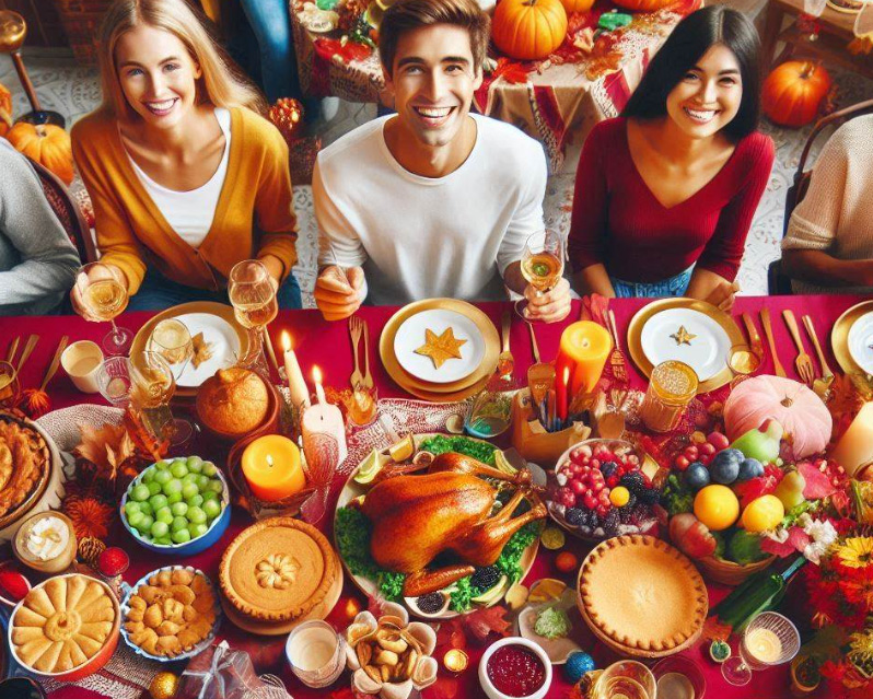 Drei lachende Menschen sitzen am Tisch und essen