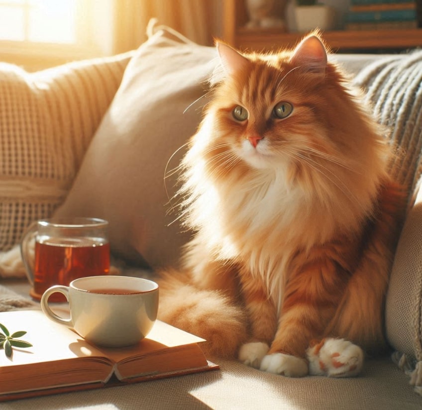 Katze mit langem Haar sitzt auf Sofa