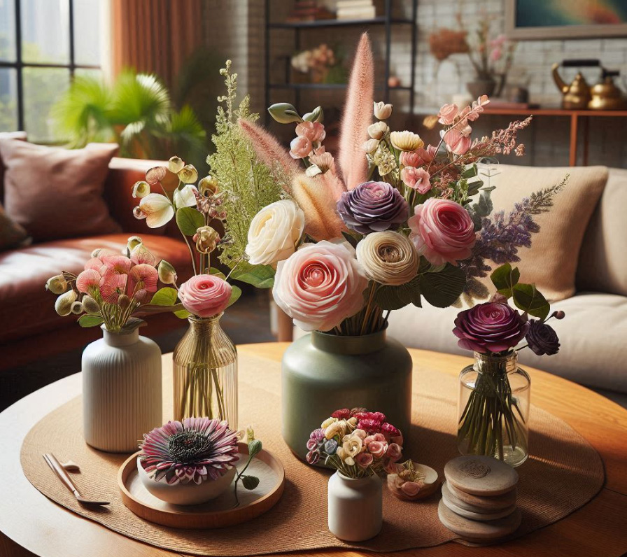 Blüten auf einem Tisch in verschiedenen Farben