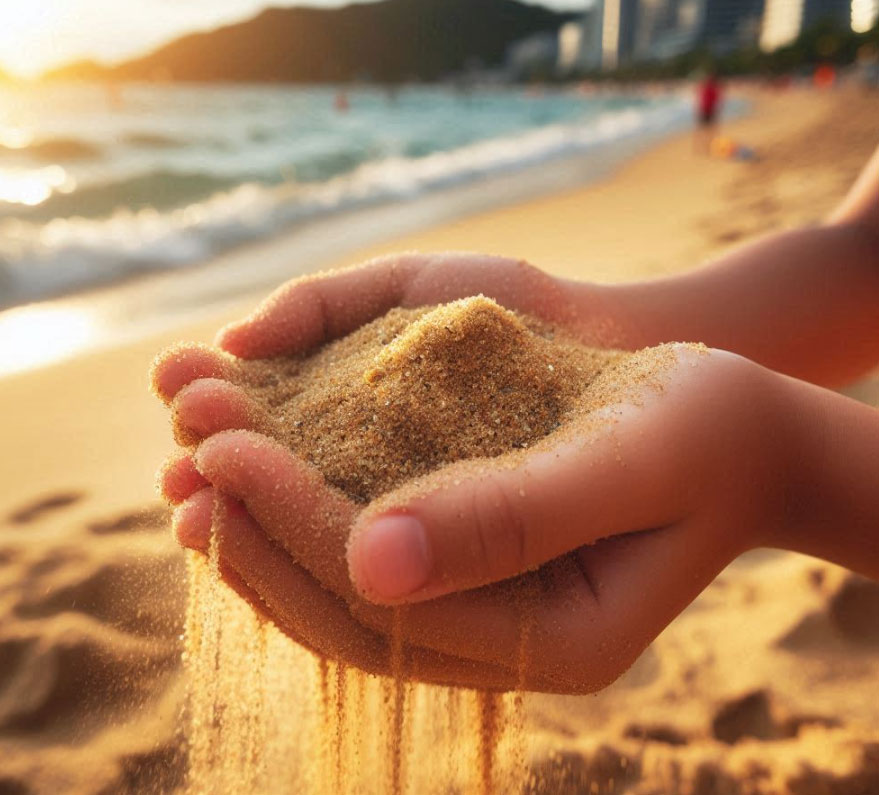 Sand rieselt durch zwei Hände