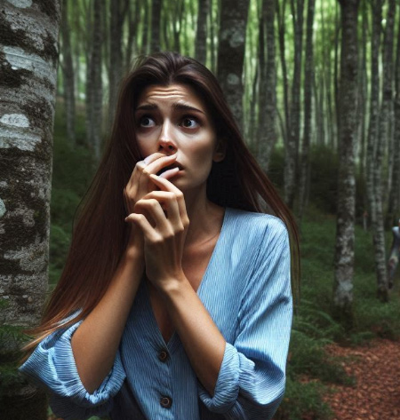 Frau mit langen Haaren läuft ängstlich durch einen Wald.