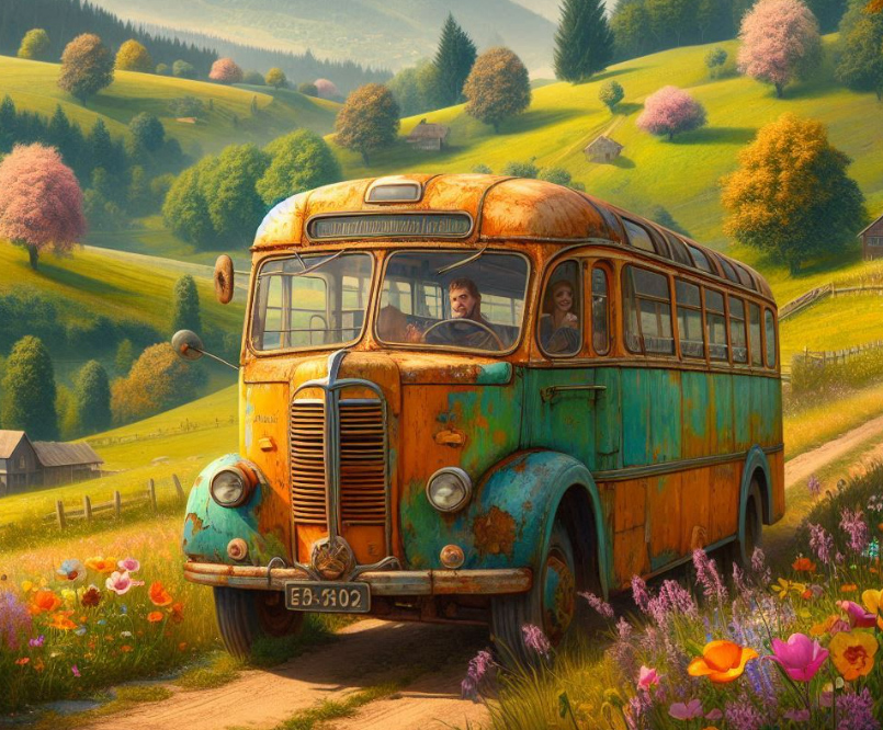 Alter Omnibus führt durch eine schöne Landschaft mit Bäumen und Blumen